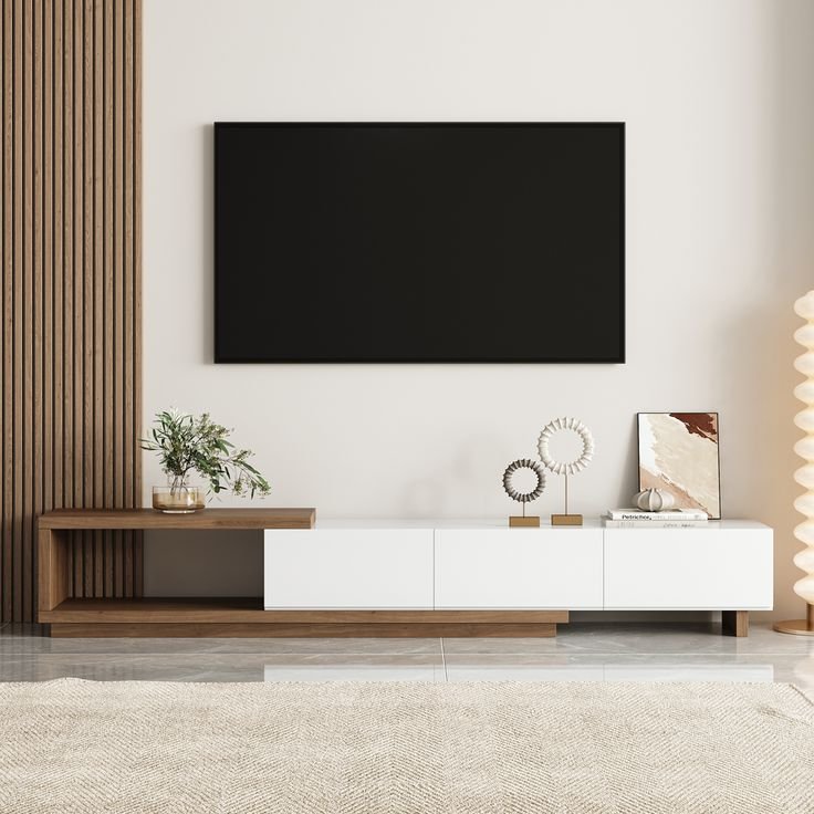 Meuble TV Blanc et Noyer Moderne Console Rétractable et Extensible à 3 Tiroirs